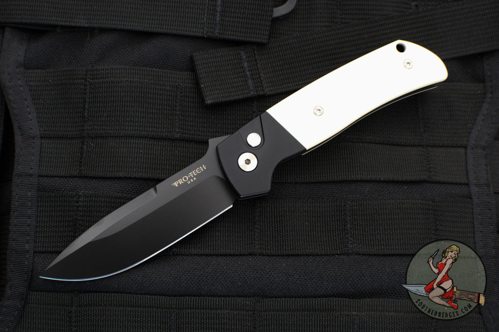 Protech Terzuola ATCF Auto Out The Side (OTS) Auto Knife- "Tuxedo"- Black Handle with Ivory Micarta Inlays- DLC Black Magnacut Steel Blade BT2752