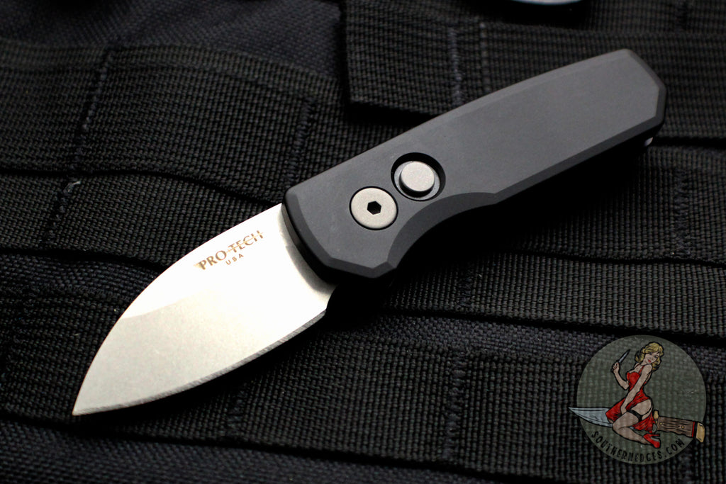Protech Runt Black Handle Stonewash Wharncliffe Blade Out The Side (OTS) Auto Knife R5101