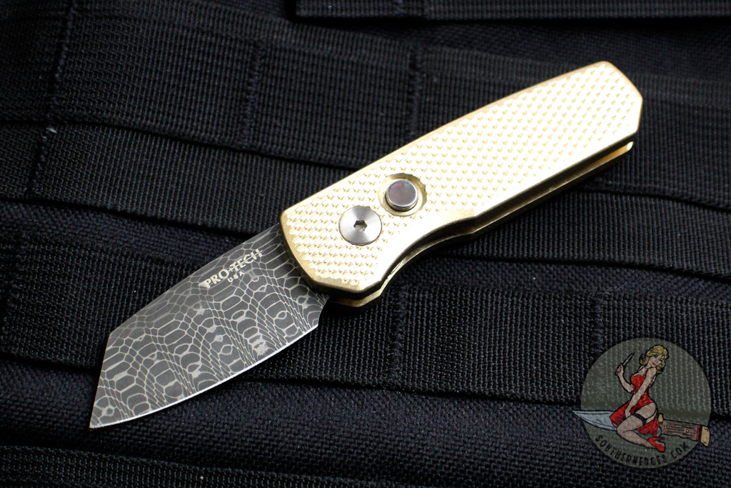 Protech Runt Special Aluminum Bronze Textured Body Vegas Forge Spiro Damascus Reverse Tanto Blade Out The Side (OTS) Auto Knife R5211-DAM