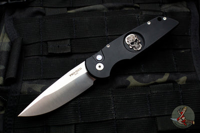 Protech TR-3.71 Black Tactical Response 3 Out The Side (OTS) Auto Knife Black Handle Shaw Silver Skull Inlay MOP TR-3.71