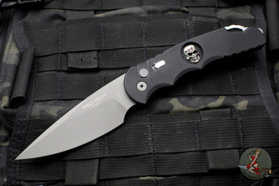 Protech Tactical Response 4 Black Handle with Bruce Shaw Sterling Silver Skull Blasted Blade Auto Knife TR-4.59