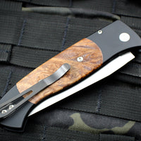 Protech Medium Brend Black Body Maple Burl Inlay Satin Blade Out The Side (OTS) Auto Knife 1306
