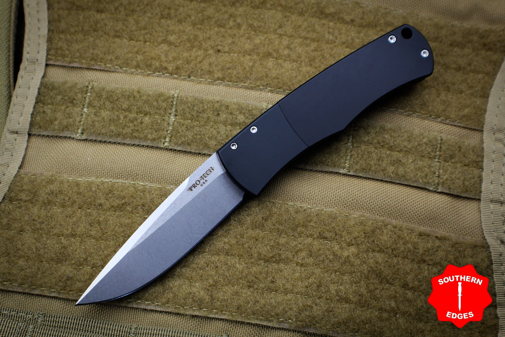 Protech Magic "Whiskers" Out The Side (OTS) Auto Hidden Bolster Release Knife Smooth Black Body Stonewash Blade BR-1.1