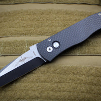Protech Emerson CQC7 Tanto Out The Side Auto (OTS) Black Carbon Fiber Top Chisel Ground Black Two-Tone Blade E7T21