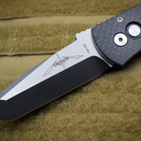 Protech Emerson CQC7 Tanto Out The Side Auto (OTS) Black Carbon Fiber Top Chisel Ground Black Two-Tone Blade E7T21