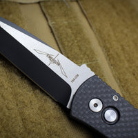 Protech Emerson CQC7 Tanto Out The Side Auto (OTS) Black Carbon Fiber Top Chisel Ground Black Two-Tone Blade E7T21