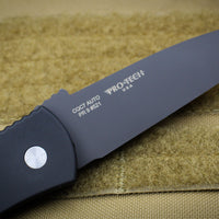 Protech Emerson CQC7 Tanto Out The Side Auto (OTS) Black Carbon Fiber Top Chisel Ground Black Two-Tone Blade E7T21