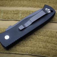 Protech Emerson CQC7 Tanto Out The Side Auto (OTS) Black Carbon Fiber Top Chisel Ground Black Two-Tone Blade E7T21