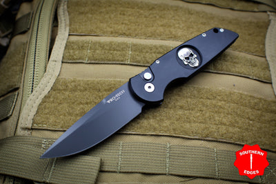Protech TR-3.72 Black Tactical Response 3 Out The Side (OTS) Auto Knife Black Handle Shaw Silver Skull Inlay MOP DLC Black Blade