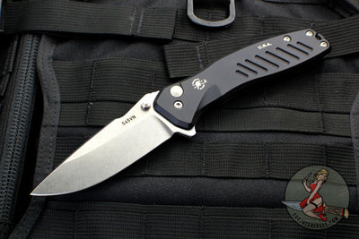 Spartan Blades Pallas Button Lock Flipper- Black Handle With Stonewash Blade SF3SW