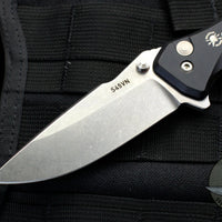 Spartan Blades Pallas Button Lock Flipper- Black Handle With Stonewash Blade SF3SW