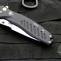 Spartan Blades Pallas Button Lock Flipper- Black Handle With Stonewash Blade SF3SW