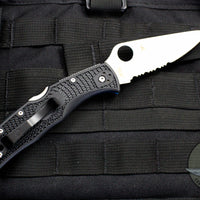 Spyderco Endura "Thin Blue Line" series Black Handle Blue Liner Part Serrated Satin Flat Ground Lockback Knife C10FPSBKBL