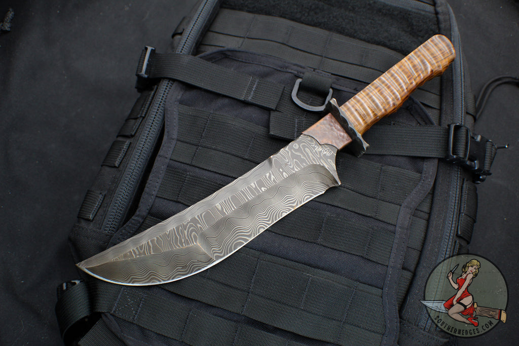 One-Off Vintage "Texas Days" Mick Strider Custom Fixed Blade Forged Damascus Wood Micarta Handle Scales