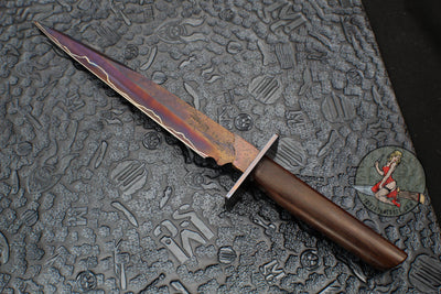 One-Off  Mick Strider Custom Fixed Short Sword- Forged Damascus Blade and Guard- Vintage Micarta Handle