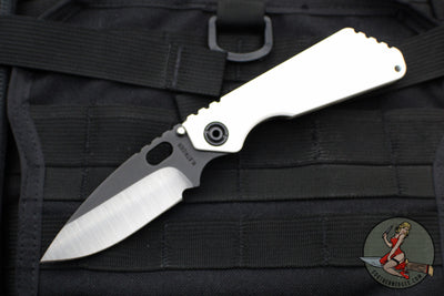 Mick Strider SnG Folder- USN 2022 Show Special- Drop Point- Two-Tone Black Blade-White Aluminum With Logo/ Flamed Titanium